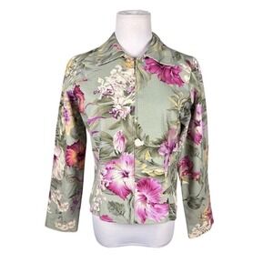 Kaua'iana Hawaii Womens Small Tropical Floral Zip Front Cotton Jacket Sage Green